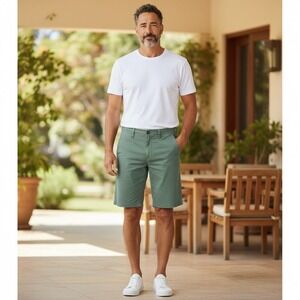Lucky Brand Saturday Stretch Shorts 33 Green Chino Flat Front Cotton Blend